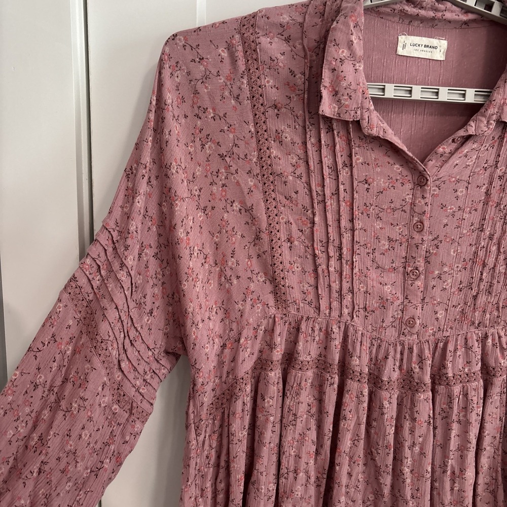 Lucky Brand Ditzy Floral Boho Dusty Pink Peasant Top Size Large - Picture 3 of 5
